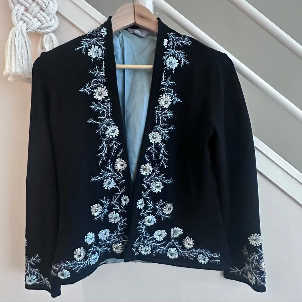 Sigrid Olsen Floral Parisian Party Beaded Sequin Cardigan Sweater Black Size SP